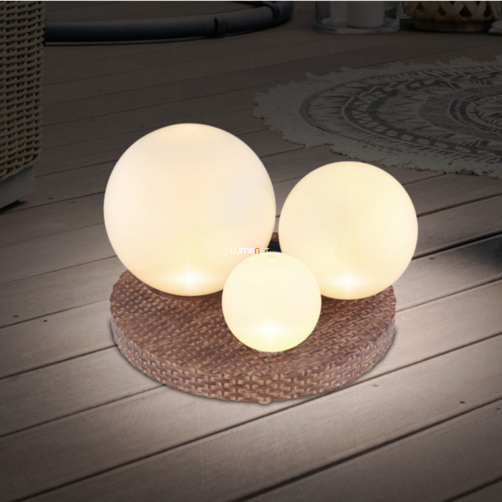Kültéri napelemes asztali LED lámpa, 3 gömb rattan alátéttel, fehér (Solar)