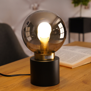   Asztali lámpa fekete-arany színben, 24 cm, füstszínű üveg - Marka Globo 21003BB, 1xE14 foglalattal