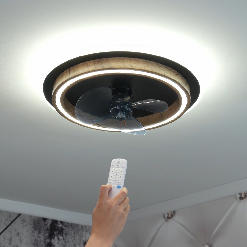 Szabályozható ventilátoros mennyezeti LED lámpa távirányítóval, fa keretes - Bozan Globo 03655