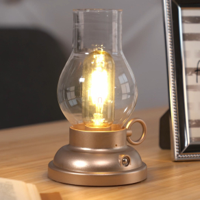   Érintőkapcsolós asztali LED lámpa, tölthető, petróleum lámpa hatású, pezsgőszínű - Petro Globo 58016CH - szabályozható fényerősség, 2700 K, 65 lm, 1 W, 1 méteres kábel, akkumulátoros