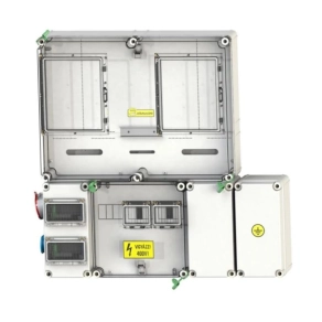   Csatári Plast PVT 6075 Á-V Fm-SZ KF-3Fi Felületre szerelt fogyasztásmérő szekrény, 1 vagy 3 fázisú általános és vezérelt mérőkhöz, szabadvezetékes, FSK + 2×6 modulos elosztóval, 230/400 V-os dugaljakkal és áramvédelemmel CSP21E0203Fi