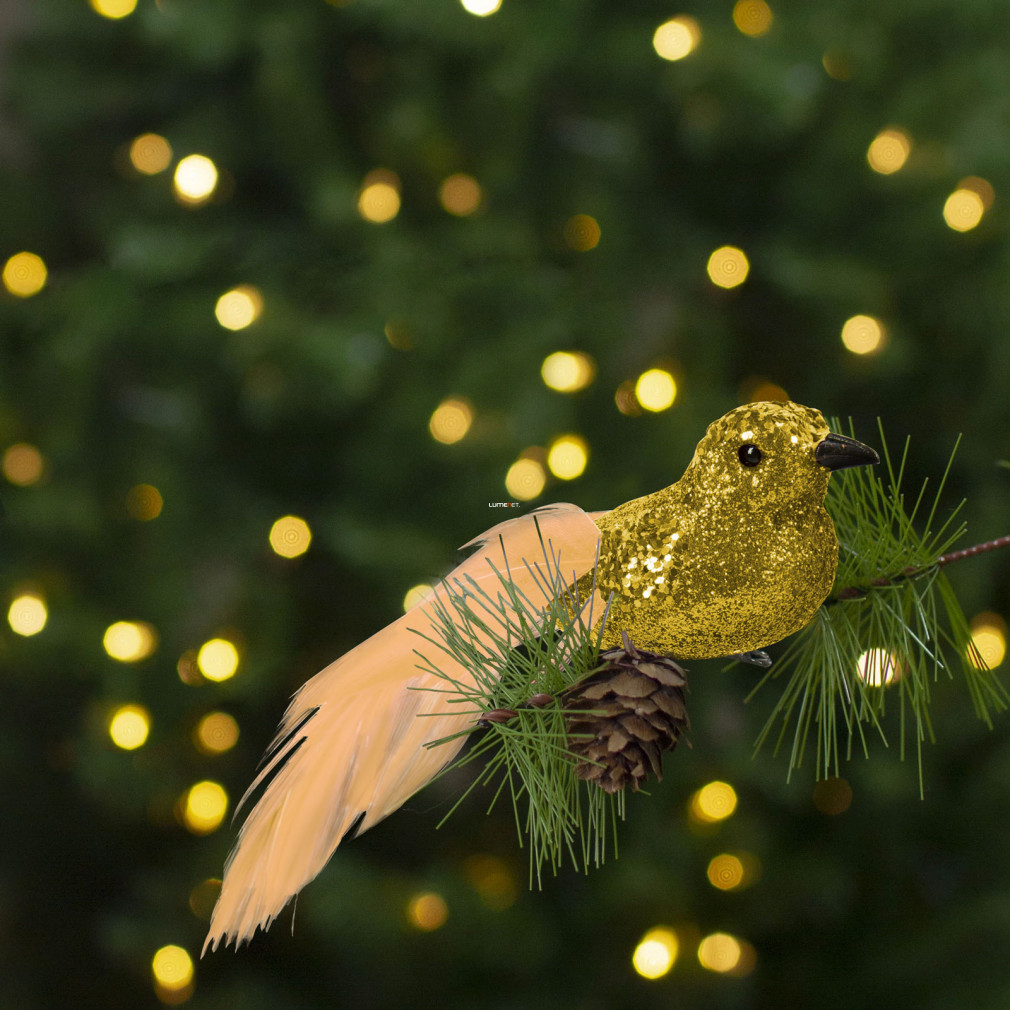 Karácsonyi dísz - csipeszes - glitteres madár - arany színű - 2 db / csomag