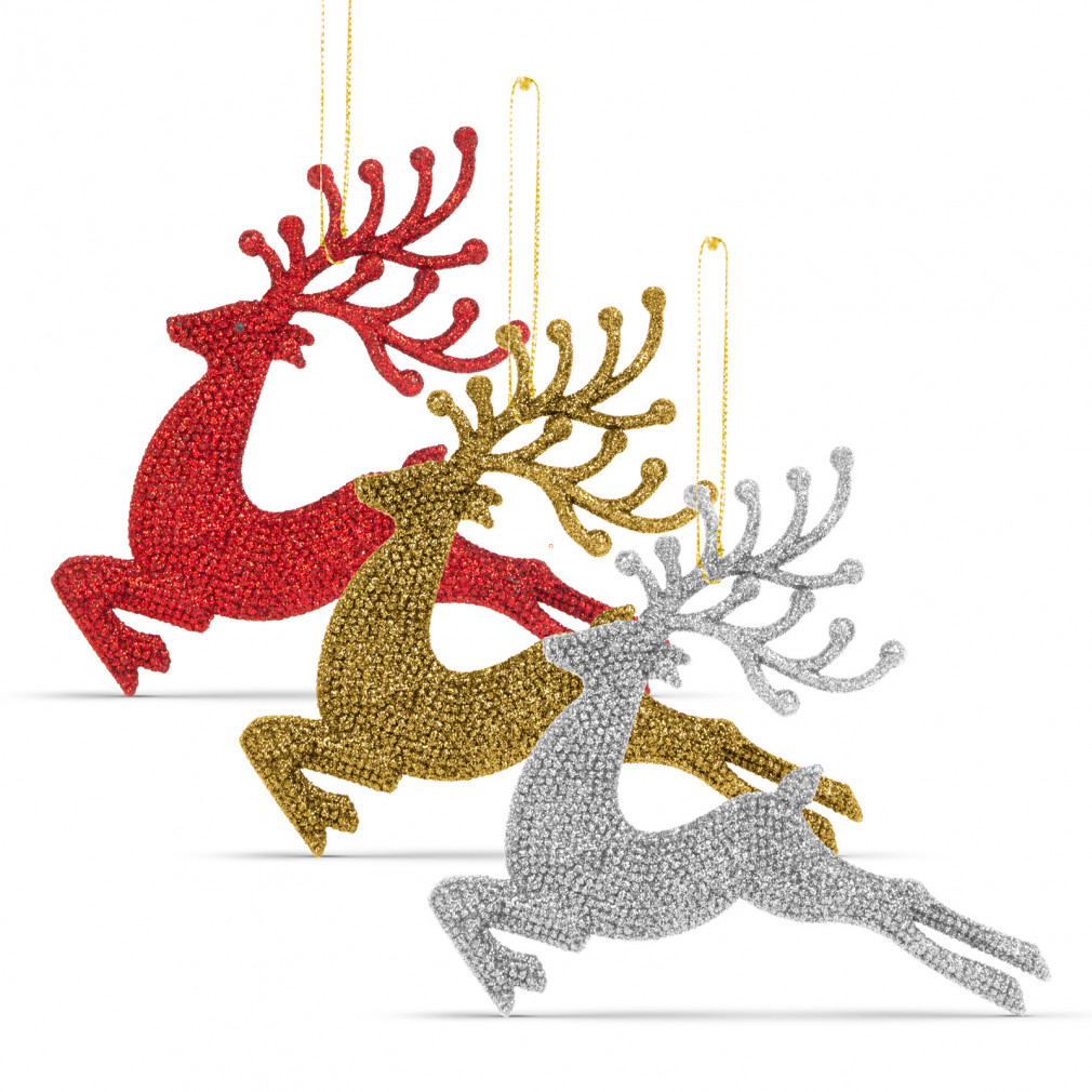 Karácsonyfadísz - glitteres rénszarvas - 12 cm - piros/arany/ezüst színben - 4 db / csomag