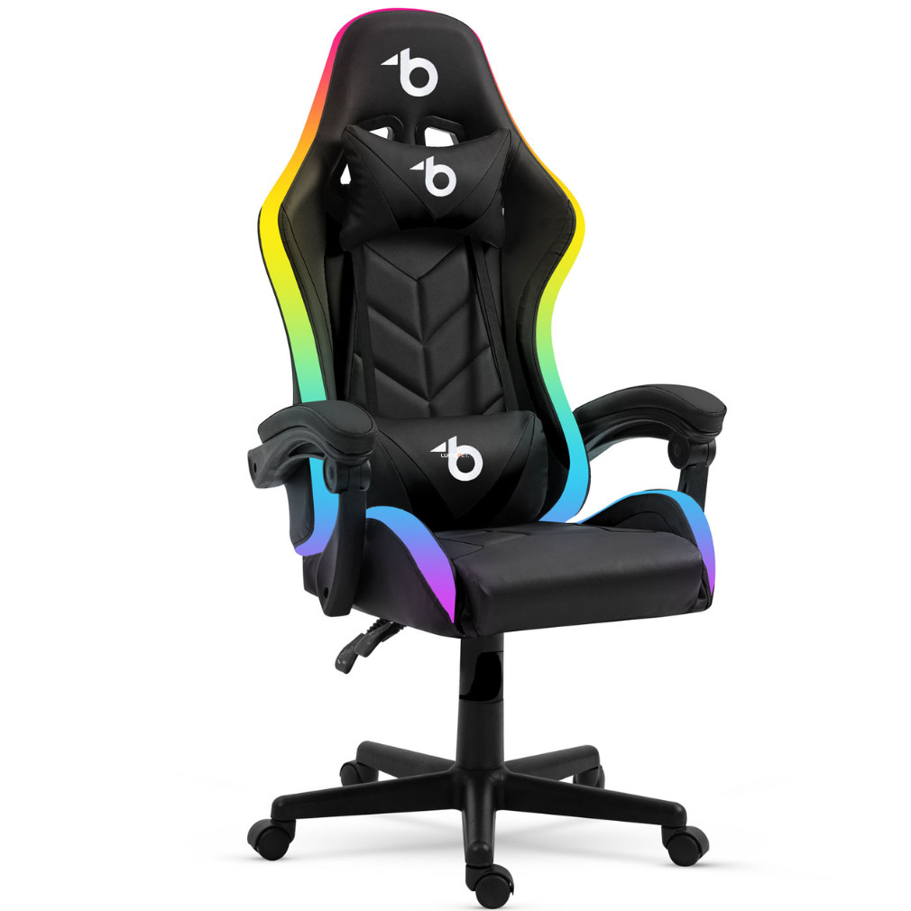 Bontott csomagolású RGB LED-es gamer szék - karfával, párnával - fekete