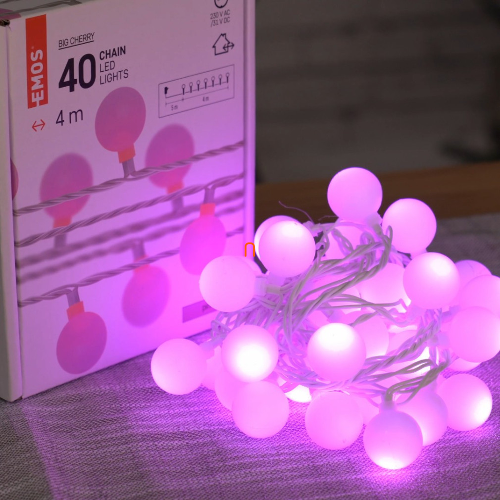 LED RGB fényfüzér, cseresznye – golyók 2,5 cm, 4 m, kültéri és beltéri, rózsaszínű, időzítő