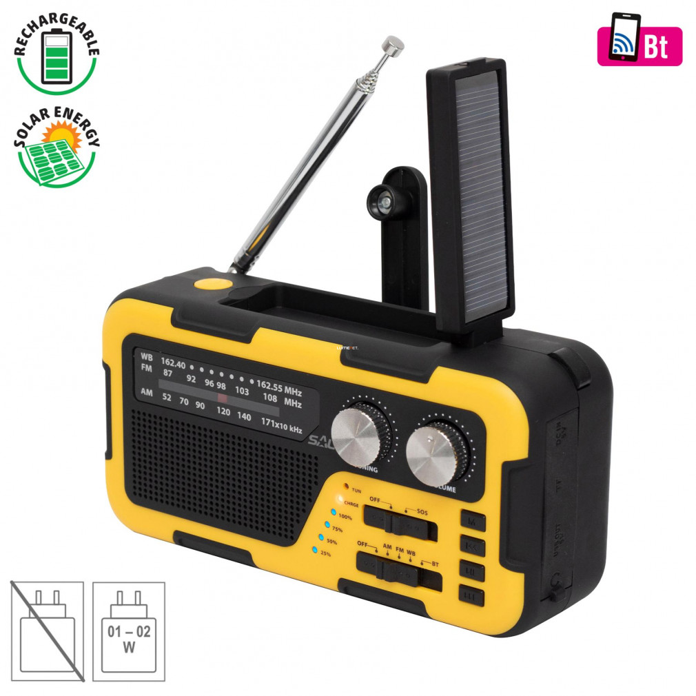 Napelemes hibrid rádió, sárga (BT/USB/SD)