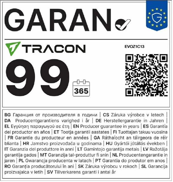 GARAN 99 éves gyártói jótállási címke - Tracon EVOZ1C13
