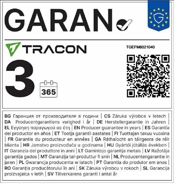 GARAN 3 éves gyártói jótállási címke - Tracon TGEFM6021040