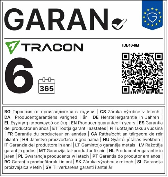 GARAN 6 éves gyártói jótállási címke - Tracon TDB16-6M
