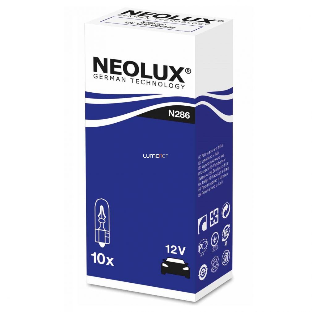 NEOLUX N286 STANDARD 1,2W 12V W2x4.6d dobozos 10db/csomag NEOLUX N286 STANDARD 1,2W 12V W2x4.6d dobozos 10db/csomag